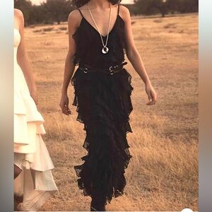 BHLDN Anthropologie Jia Bias Cut Lace Ruffled V-Neck Gown NEW Size 8 Black Dress